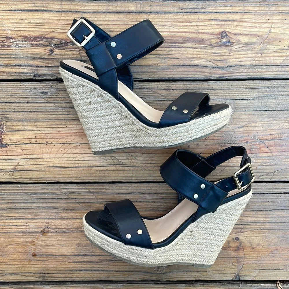 Black Espadrille Wedge Ankle Sandals
